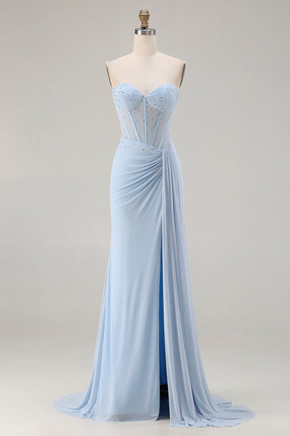 Plus Size Sparkly Sky Blue Beaded Mermaid Long Corset Prom Dress with Slit