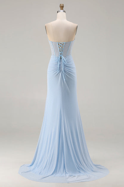 Plus Size Sparkly Sky Blue Beaded Mermaid Long Corset Prom Dress with Slit