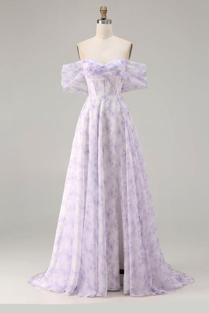 Floral Lilac Plus Size A Line Off the Shoulder Long Corset Prom Dress with Slit
