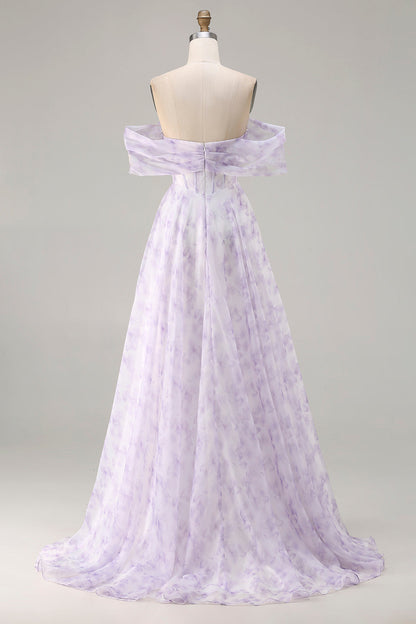 Floral Lilac Plus Size A Line Off the Shoulder Long Corset Prom Dress with Slit