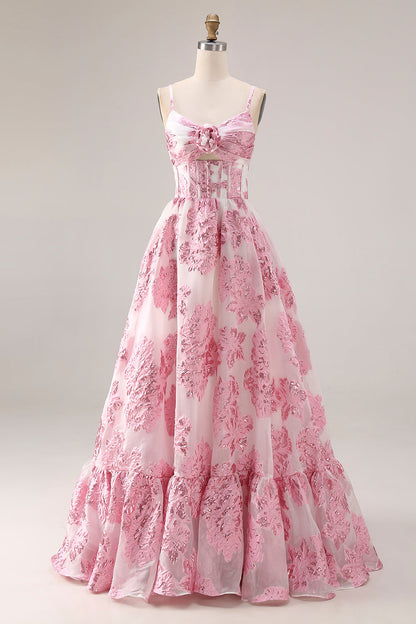 Plus Size Floral Pink Spaghetti Straps Long Corset Prom Dress with Keyhole
