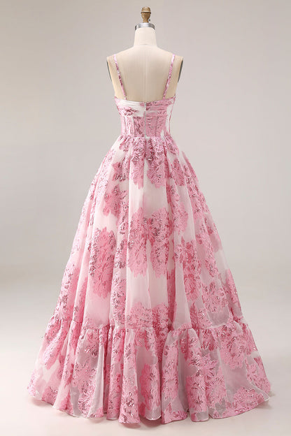 Plus Size Floral Pink Spaghetti Straps Long Corset Prom Dress with Keyhole