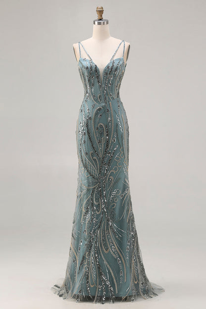 Sparkly Grey Blue Plus Size Beaded Mermaid Long Prom Dress