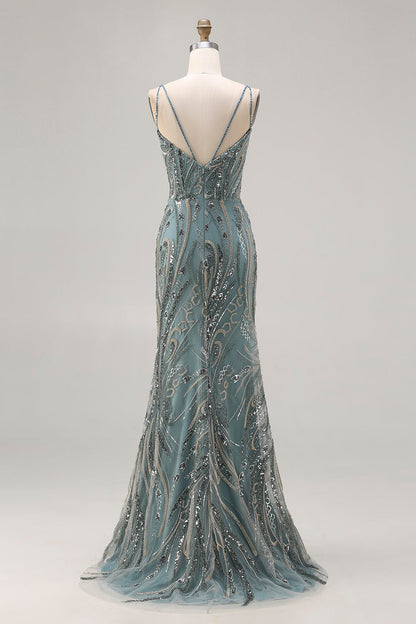 Sparkly Grey Blue Plus Size Beaded Mermaid Long Prom Dress