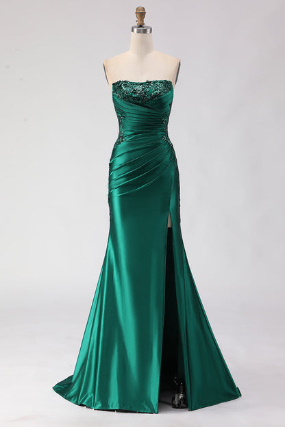 Sparkly Dark Green Plus Size Mermaid Satin Ruched Long Prom Dress with Slit