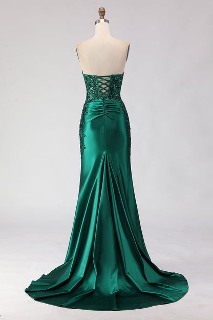 Sparkly Dark Green Plus Size Mermaid Satin Ruched Long Prom Dress with Slit