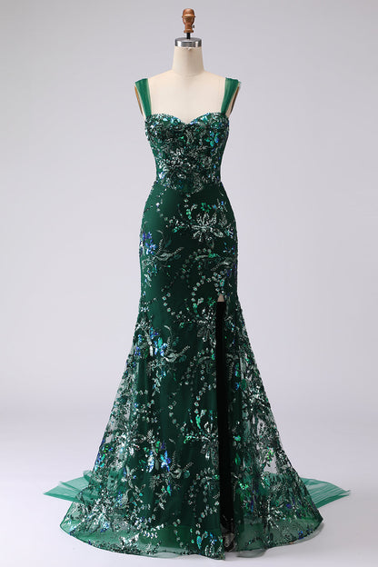 Plus Size Sparkly Floral Dark Green Mermaid Sequins Long Prom Dress with Slit
