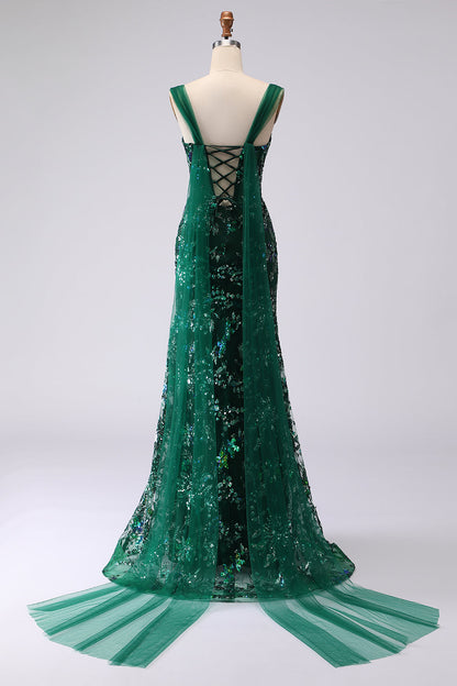 Plus Size Sparkly Floral Dark Green Mermaid Sequins Long Prom Dress with Slit