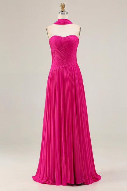 Plus Size Fuchsia Strapless Pleated Neck Scarf A Line Long Prom Dress