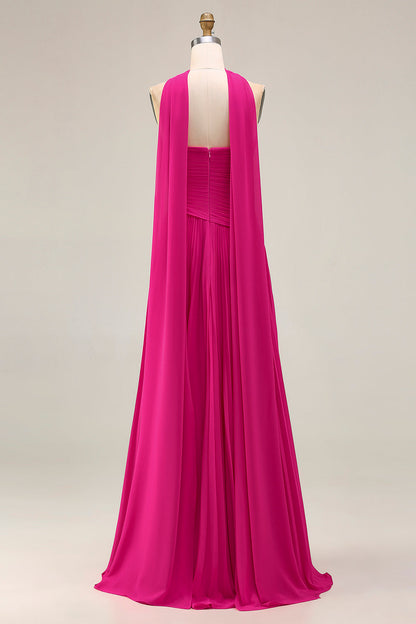 Plus Size Fuchsia Strapless Pleated Neck Scarf A Line Long Prom Dress