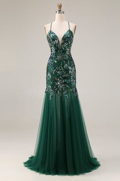 Plus Size Sparkly Floral Dark Green Mermaid Sequin Tulle Long Prom Dress