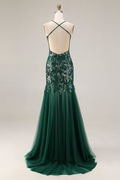 Plus Size Sparkly Floral Dark Green Mermaid Sequin Tulle Long Prom Dress