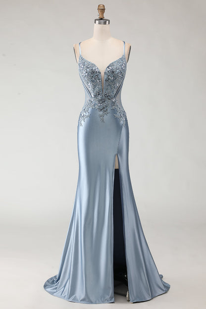 Plus Size Sparkly Grey Blue Satin Mermaid Long Prom Dress with Appliques