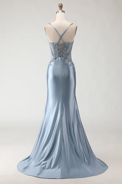 Plus Size Sparkly Grey Blue Satin Mermaid Long Prom Dress with Appliques