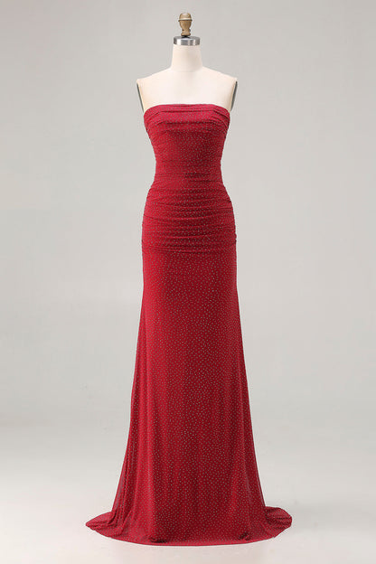 Sparkly Red Plus Size Polka Dots Strapless Beaded Long Prom Dress
