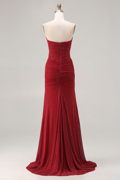 Sparkly Red Plus Size Polka Dots Strapless Beaded Long Prom Dress
