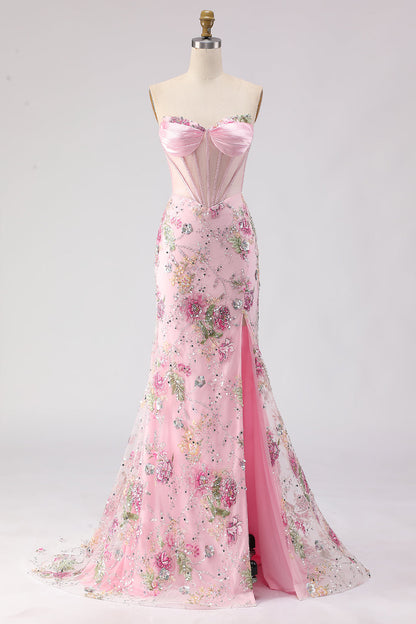 Plus Size Sparkly Pink Sequins Beaded Mermaid Long Corset Prom Dress with Slit