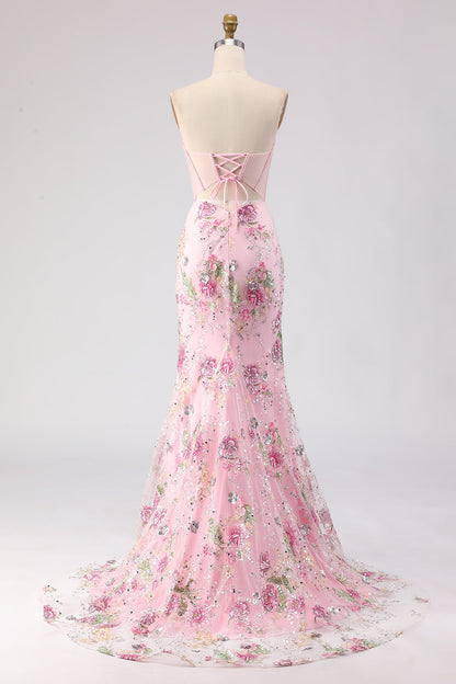 Plus Size Sparkly Pink Sequins Beaded Mermaid Long Corset Prom Dress with Slit