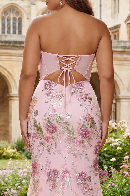 Plus Size Sparkly Pink Sequins Beaded Mermaid Long Corset Prom Dress with Slit