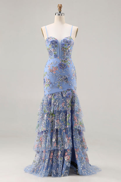 Plus Size Sparkly Floral Blue Ruffled Mermaid Long Corset Prom Dress with Slit
