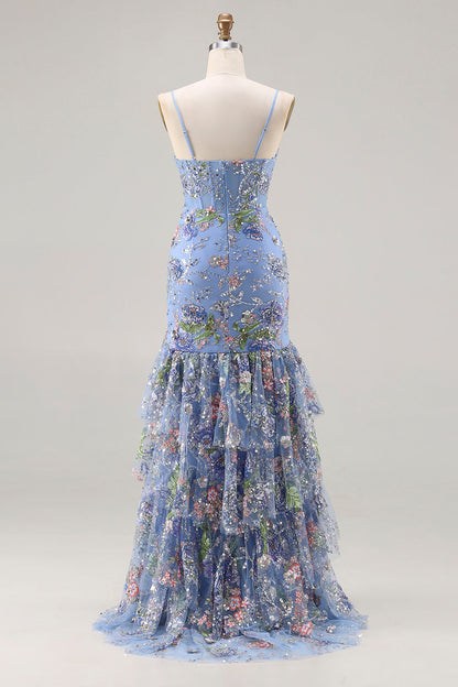 Plus Size Sparkly Floral Blue Ruffled Mermaid Long Corset Prom Dress with Slit