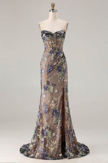 Sparkly Floral Black Plus Size Beaded Mermaid Long Corset Prom Dress with Slit