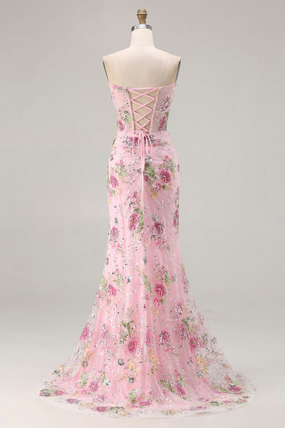 Sparkly Floral Black Plus Size Beaded Mermaid Long Corset Prom Dress with Slit