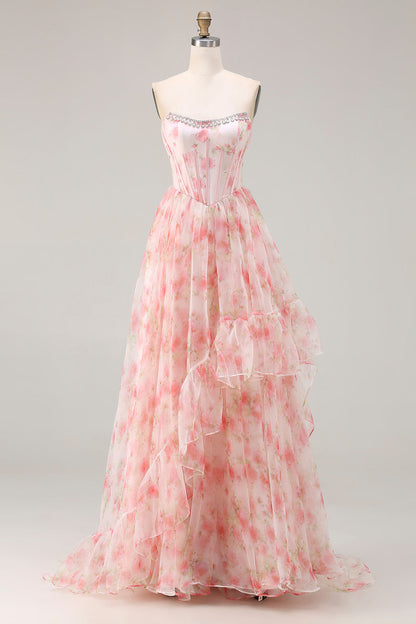 Plus Size Sparkly Floral Pink Beaded A Line Long Corset Prom Dress with Ruffles