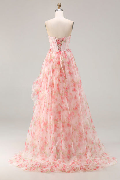 Plus Size Sparkly Floral Pink Beaded A Line Long Corset Prom Dress with Ruffles