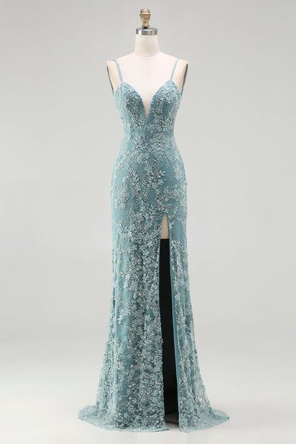 Plus Size Sparkly Floral Grey Green Long Mermaid Beaded Prom Dress with Slit