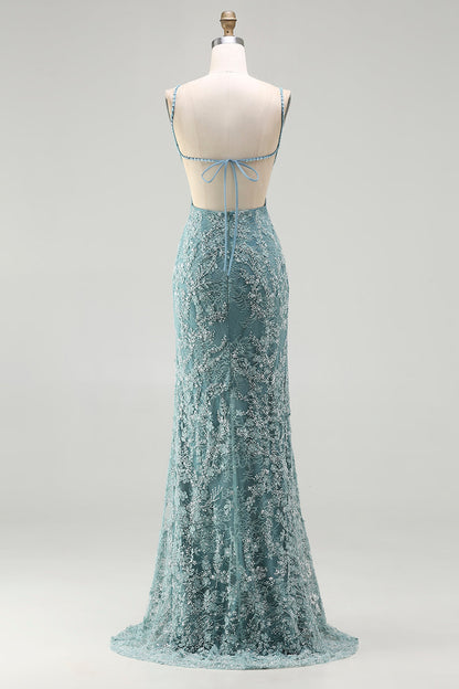 Plus Size Sparkly Floral Grey Green Long Mermaid Beaded Prom Dress with Slit