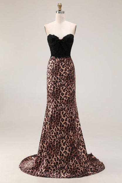 Plus Size Brown Leopard Print Sweetheart Mermaid Long Prom Dress with Bow