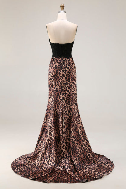 Plus Size Brown Leopard Print Sweetheart Mermaid Long Prom Dress with Bow