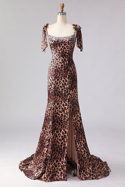 Sparkly Brown Plus Size Leopard Print Beaded Long Prom Dress with Bows