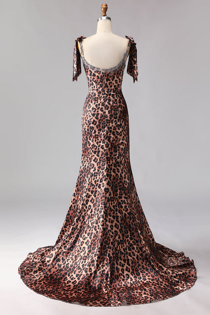 Sparkly Brown Plus Size Leopard Print Beaded Long Prom Dress with Bows