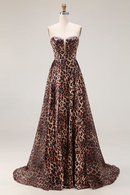 Plus Size Brown Leopard Print Strapless A Line Long Corset Prom Dress