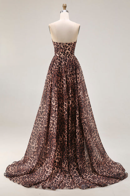 Plus Size Brown Leopard Print Strapless A Line Long Corset Prom Dress