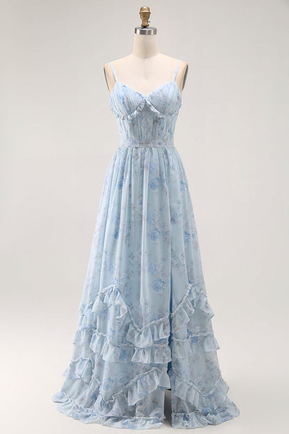 Blue A Line Floral Ruffled Long Bridesmaid Dress with Slit