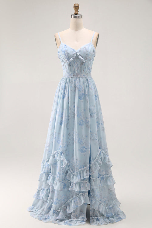 Blue A Line Floral Ruffled Long Bridesmaid Dress with Slit