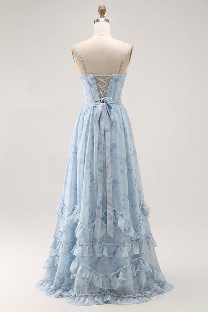 Blue A Line Floral Ruffled Long Bridesmaid Dress with Slit