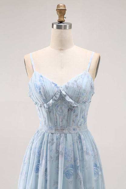 Blue A Line Floral Ruffled Long Bridesmaid Dress with Slit