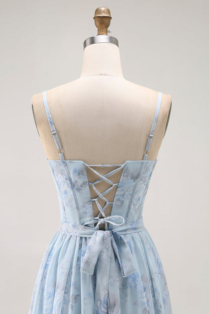 Blue A Line Floral Ruffled Long Bridesmaid Dress with Slit