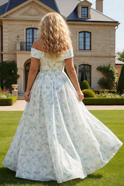 Plus Size Blue and White Flower Long Prom Dress with Slit