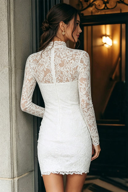 Vintage Ivory Lace Bodycon High Neck Short Wedding Dress with Sleeves