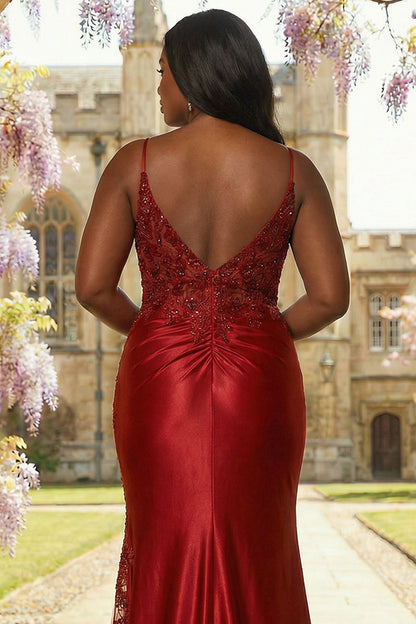 Sparkly Burgundy Floral Mermaid Plus Size Spaghetti Straps Long Prom Dress with Slit