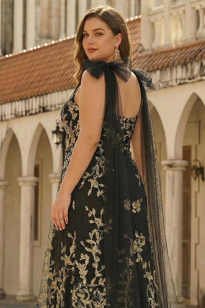 Plus Size Floral Sparkly Black Golden Tulle A Line Sequins Long Prom Dress with Cape