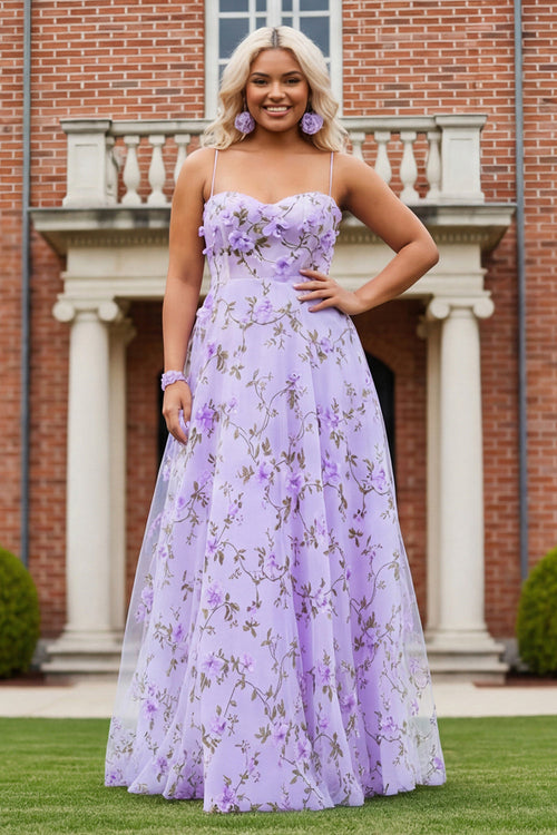 Floral Lilac Plus Size A Line Spaghetti Straps Long Prom Dress with 3D Flowers