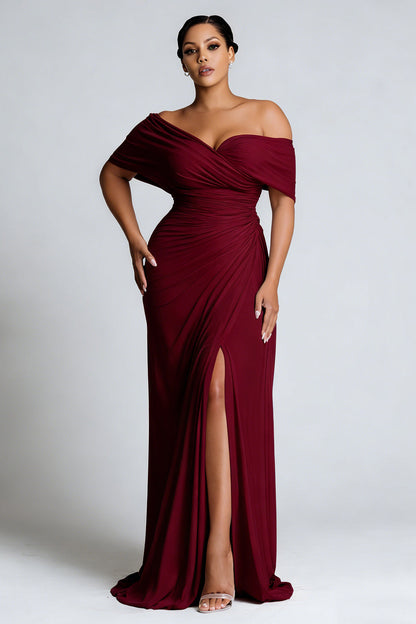Burgundy Sheath Plus Size Off the Shoulder Long Formal Dress with Slit