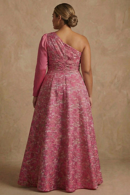 Plus Size Floral Fuchsia A Line One Shoulder Long Mother of the Bride Dress with Sleeves