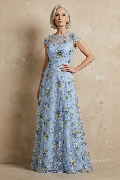 Plus Size Blue Round Neck Floral A Line Appliqued Long Mother of the Bride Dress